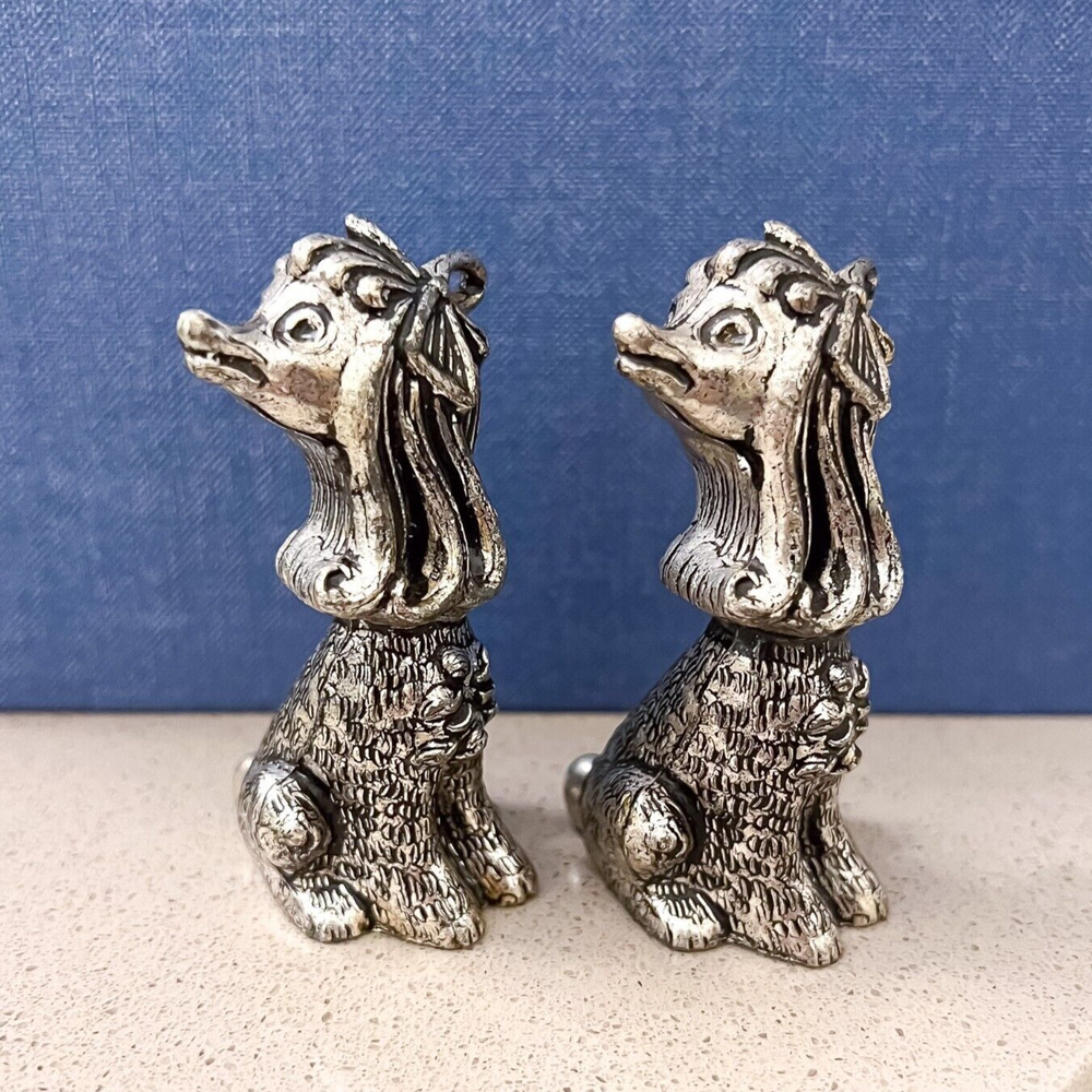 Pair Silver Finish 3in Poodle Afghan Dog Figurine Signed Italy Vintage Ribbon